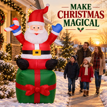 6FT Inflatable Santa Claus Sitting on Gift Box with LED Lights