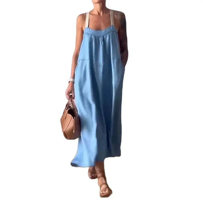 Women's Sleeveless Cotton Linen Casual Maxi Dress