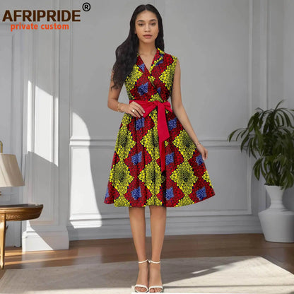 Designer Print Sleeveless High Waist Dress with Sash