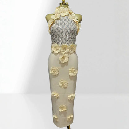 Glamorous Sequined 3D Flower Halter Bodycon Evening Gown