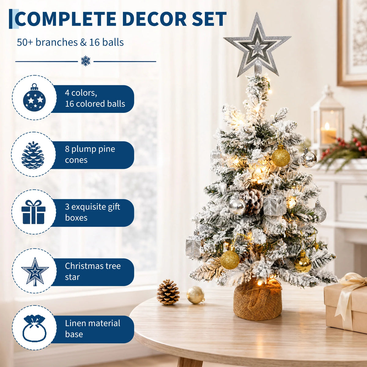 24-Inch Pre-Lit Snowy Tabletop Christmas Tree – Flocked Mini Xmas Tree with LED Lights & Ornaments