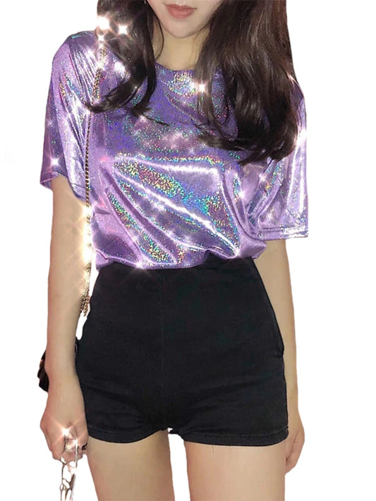 Shiny Loose Short-sleeve Blouse
