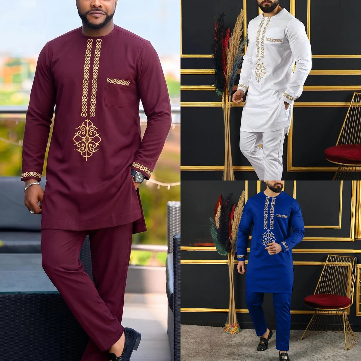 Men's Elegant Dashiki Embroidered Shirt & Full Pant Suit Set
