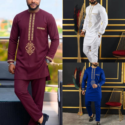 Men's Elegant Dashiki Embroidered Shirt & Full Pant Suit Set