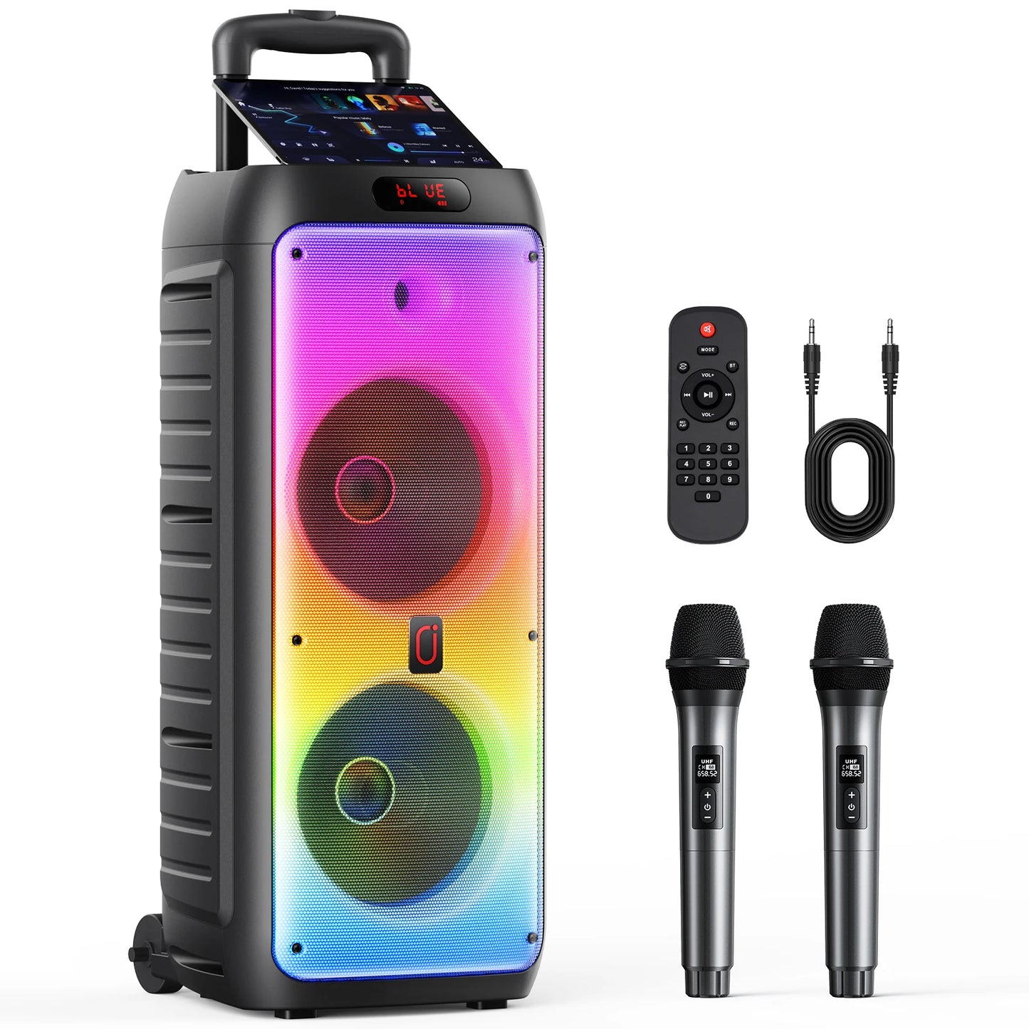 Portable Bluetooth Karaoke Speaker with Wheels & Wireless Microphones