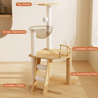 41.3" Modern Wood Cat Tower with Acrylic Space Capsule Hammock