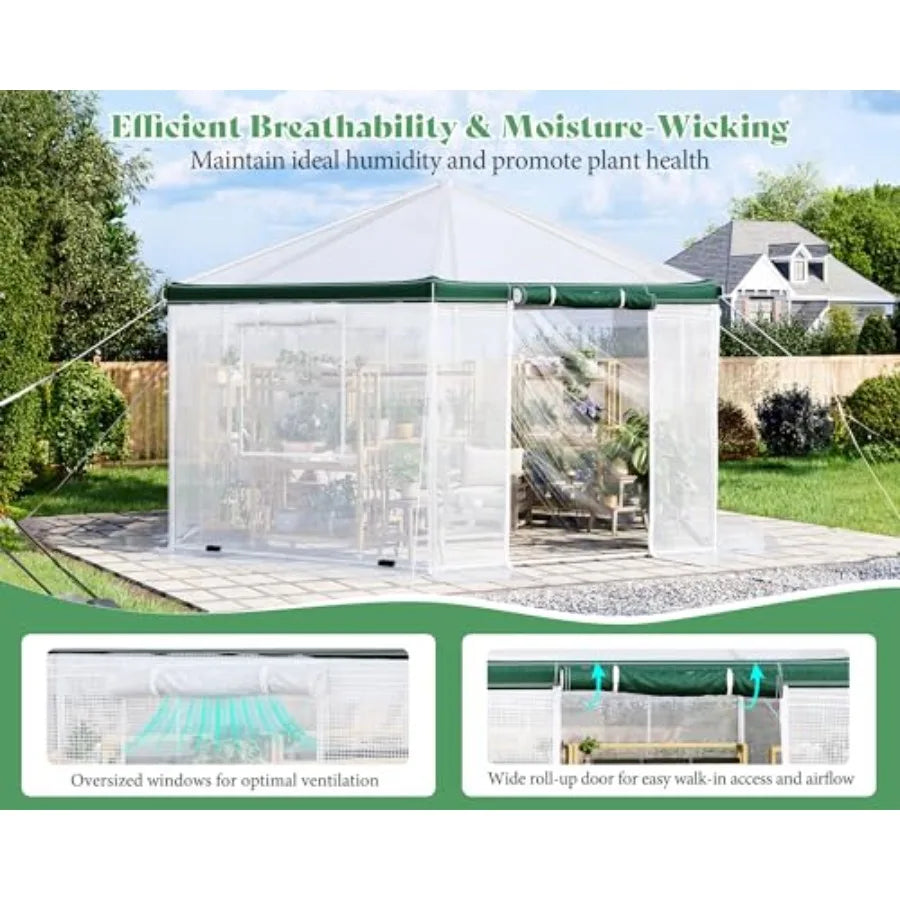 13.5x13.5x9FT Hexagonal Walk-in Greenhouse Heavy-Duty with Windbreak Ropes Waterproof PE Cover Ground Stakes