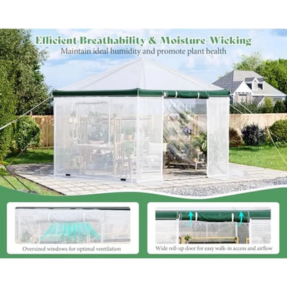 13.5x13.5x9FT Hexagonal Walk-in Greenhouse Heavy-Duty with Windbreak Ropes Waterproof PE Cover Ground Stakes