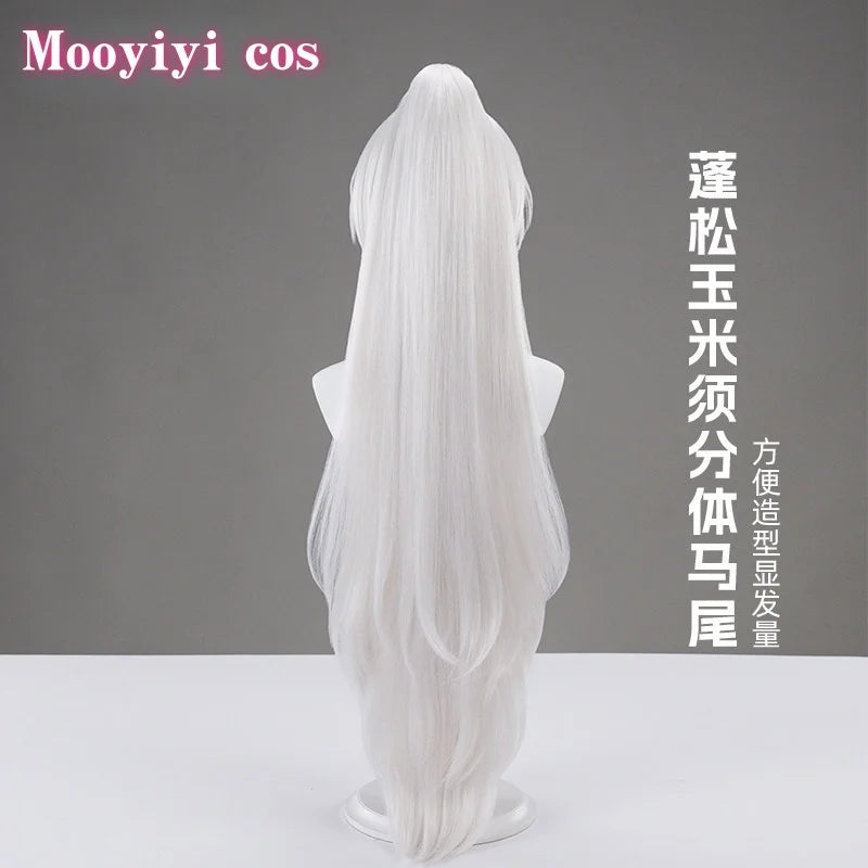 Game Wuthering Waves Hiyuki Cosplay Wig Set - Long White Styled Hair with Red Ribbon Accents