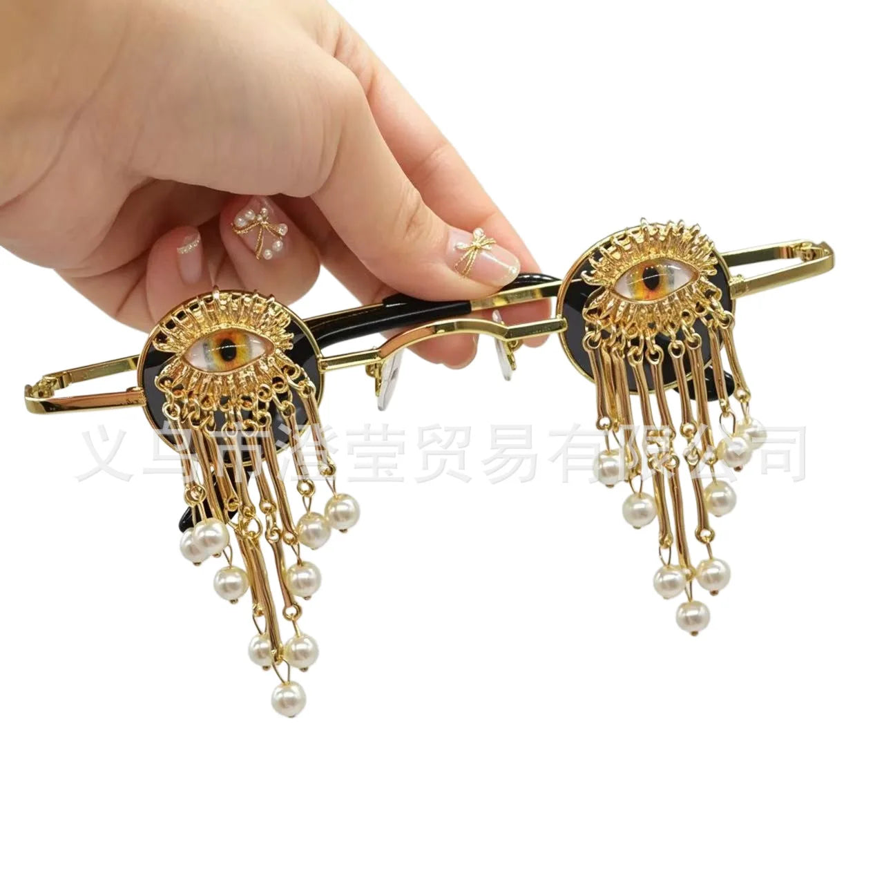 Retro Small Round Evil Eye Sunglasses with Pearl Tassels