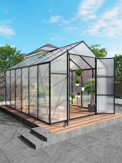 SUSUA 8x12FT Polycarbonate Raised Base and Anchor Aluminum Heavy Duty Greenhouse