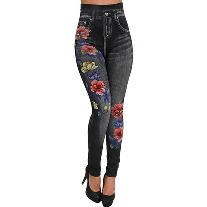 Women's High-Waisted Printed Faux Denim Jeggings – Tummy Control & All-Day Stretch