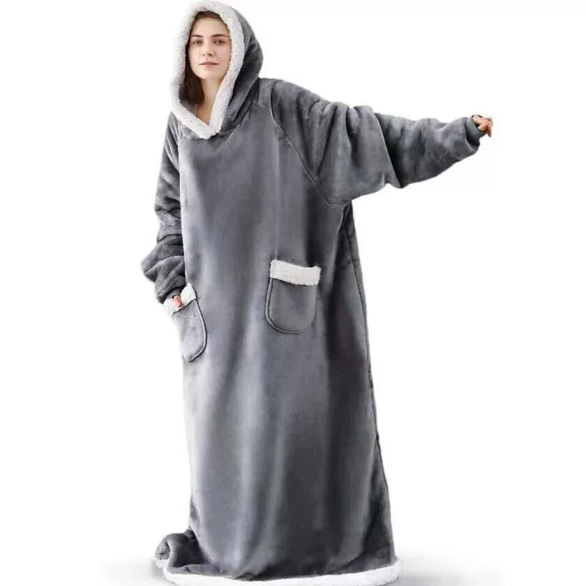 Hooded Super Long Flannel Blanket Pajamas with Sleeve