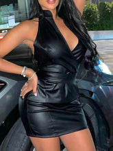 Faux Leather Low-cut Waist Slim Sleeveless Dress
