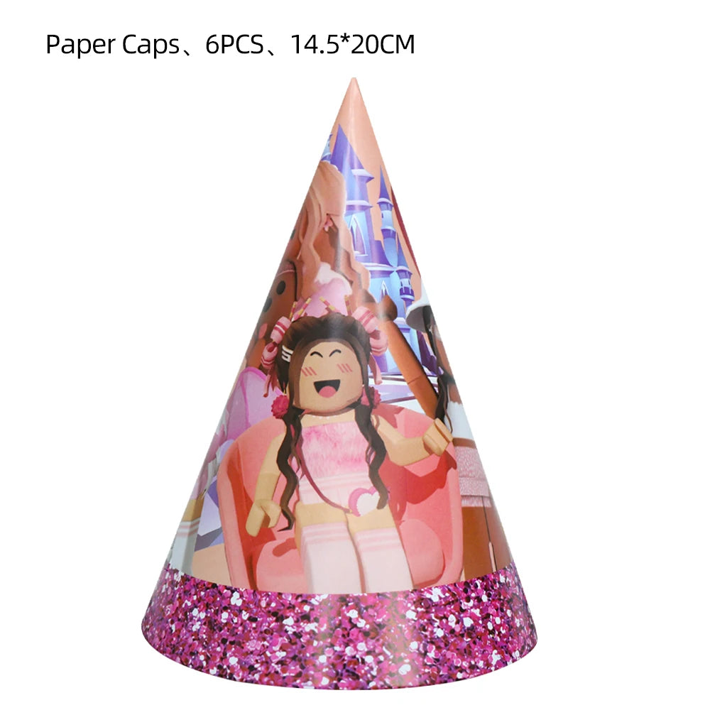 Pink Robloxed Theme Birthday Party Decorations Tableware Balloons Cups Plates Banner Backdrop Set