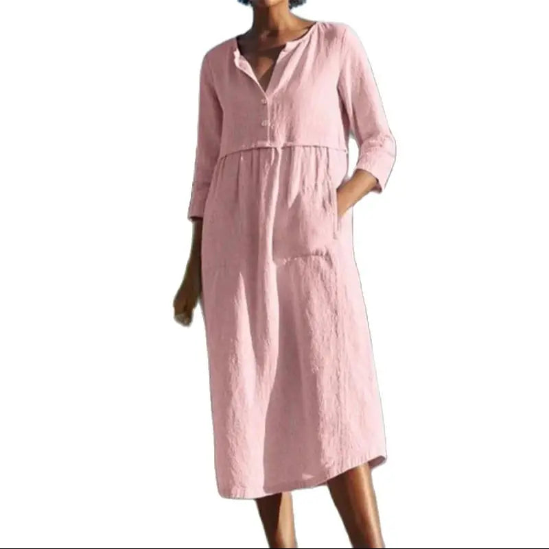 Women's Cotton Linen Half-Sleeve Midi Dress with Pockets