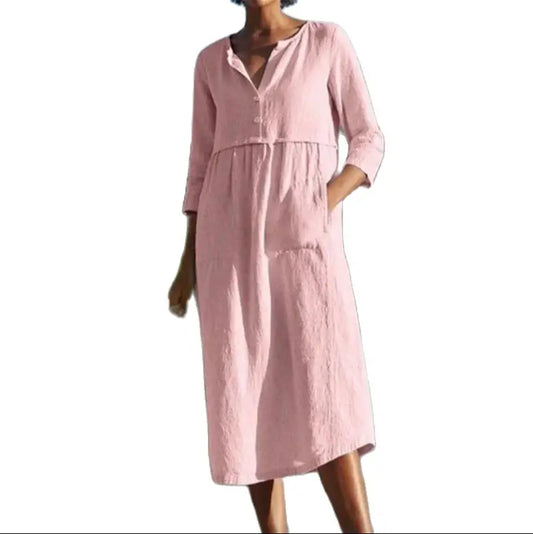 Women's Cotton Linen Half-Sleeve Midi Dress with Pockets