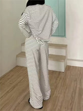 Striped Printed Oversized Long-sleeved Top High-waist Trouser Set