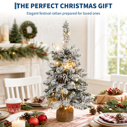 24-Inch Pre-Lit Snowy Tabletop Christmas Tree – Flocked Mini Xmas Tree with LED Lights & Ornaments