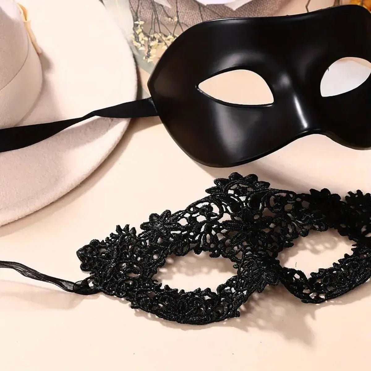Elegant 2-Piece Black Lace Masquerade Mask Set
