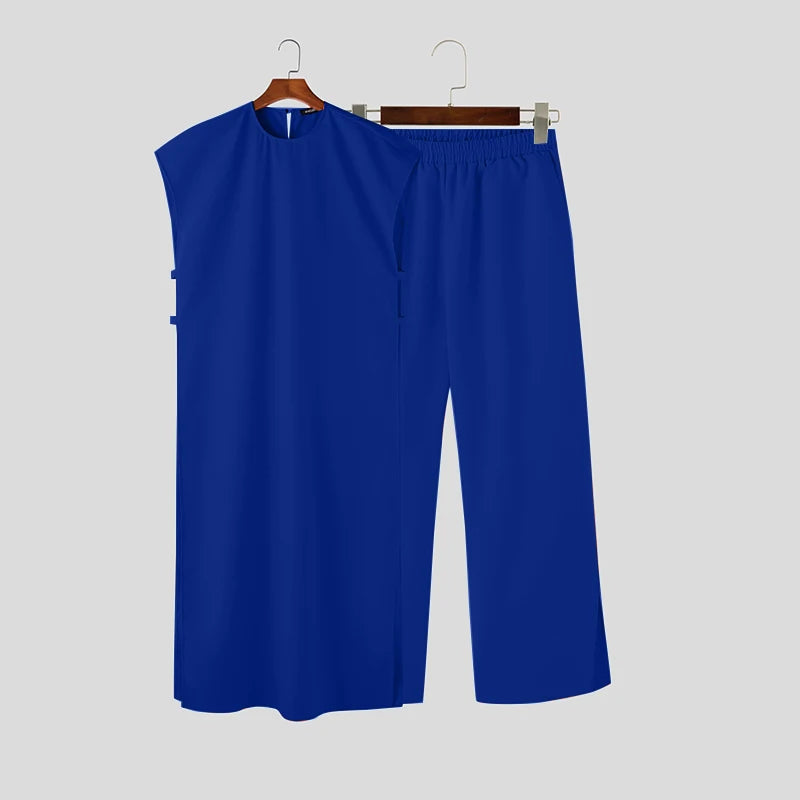 INCERUN Men's Sleeveless Kaftan Jubba Thobe & Pants 2-Piece Set