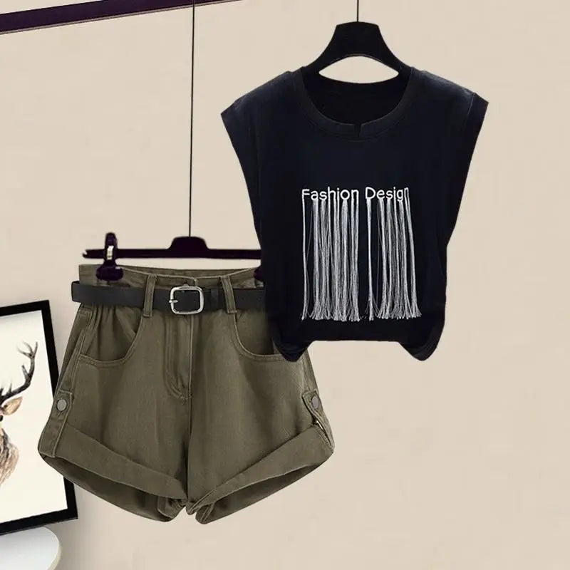Women's Summer Safari Style Letter Tassel T-Shirt & Shorts 2-Piece Set
