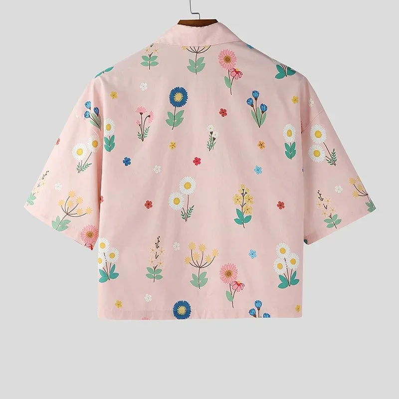 Men’s Cropped Floral Print Button-Down Shirt – Summer Vintage Casual Short Sleeve