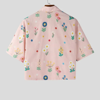 Men’s Cropped Floral Print Button-Down Shirt – Summer Vintage Casual Short Sleeve