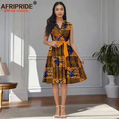 Designer Print Sleeveless High Waist Dress with Sash
