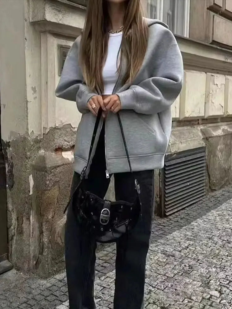 Women's Casual Loose Hooded Zip-Up Jacket with Big Pockets