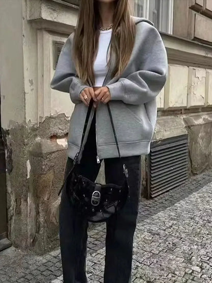 Women's Casual Loose Hooded Zip-Up Jacket with Big Pockets