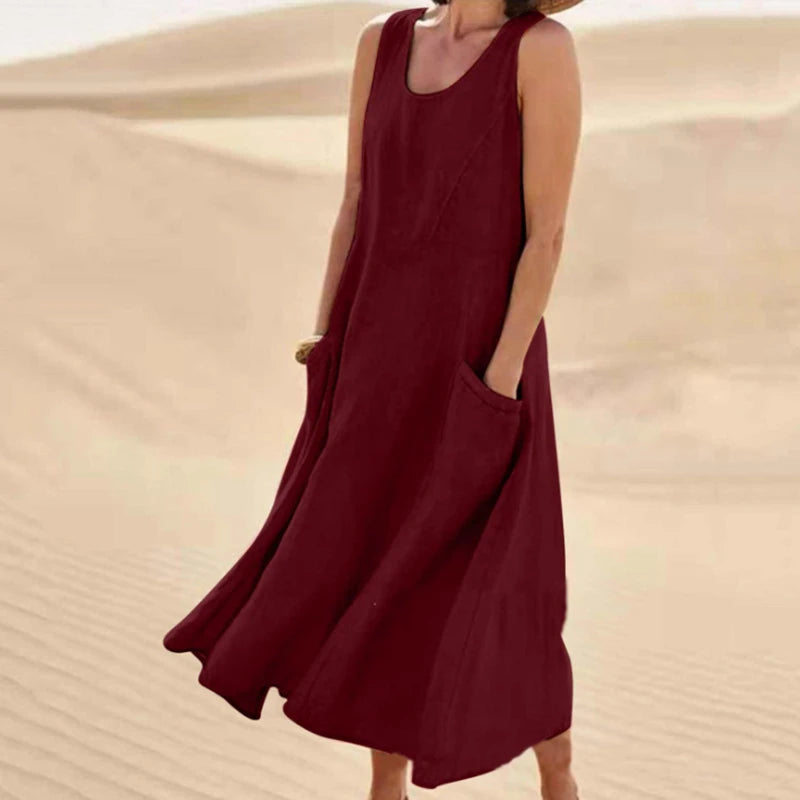Women's Summer Cotton Linen Sleeveless Loose Maxi Dress with Pockets