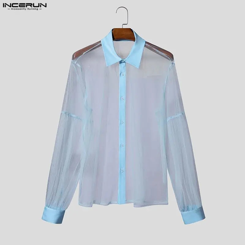 INCERUN Men’s Mesh Patchwork Long Sleeve Button-Down Shirt – Summer Streetwear See-Through Top