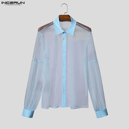 INCERUN Men’s Mesh Patchwork Long Sleeve Button-Down Shirt – Summer Streetwear See-Through Top