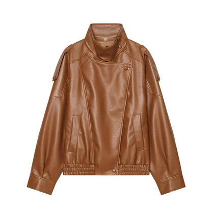 Women's Black Faux Leather Motorcycle Jacket – Long Sleeve Casual Coat
