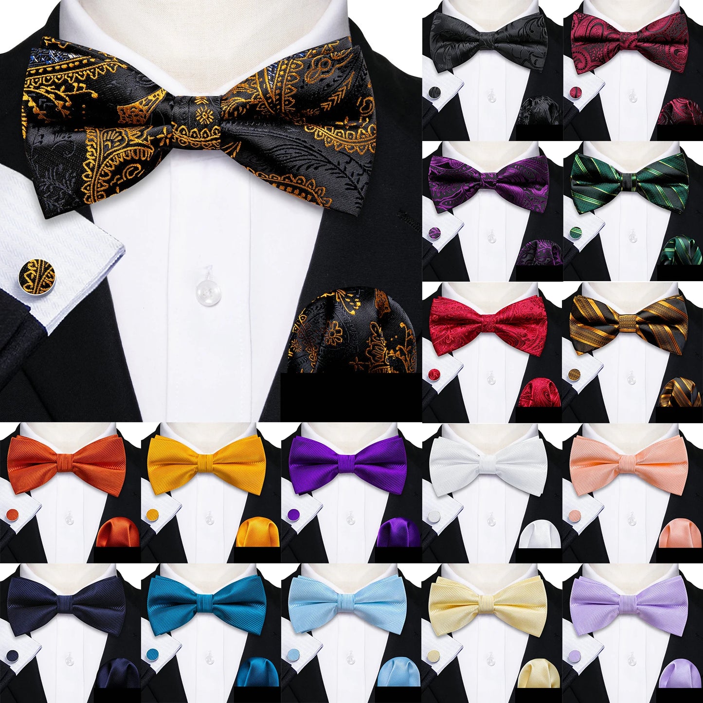 Barry.Wang Silk Bow Tie Hanky Cuffs Set