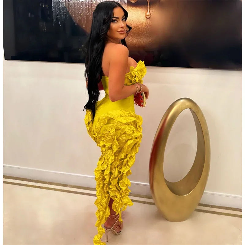 Women's Strapless Ruffle Tassel Irregular Maxi Evening Dress