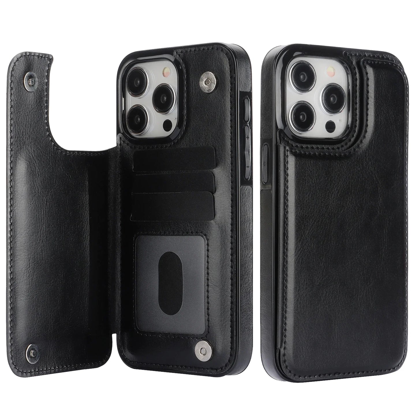 Double Button With Card Slot Stand Flip Leather Case For iPhone