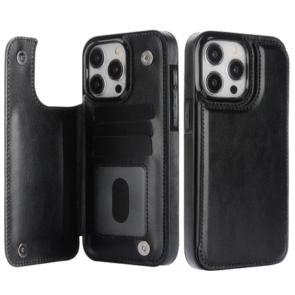Double Button With Card Slot Stand Flip Leather Case For iPhone