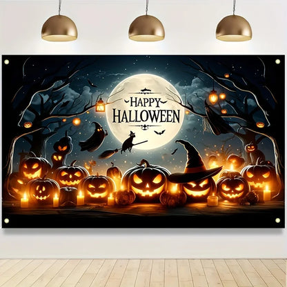 Art Deco Halloween Wall Banner Backdrop with Pumpkins, Witches, and Bats