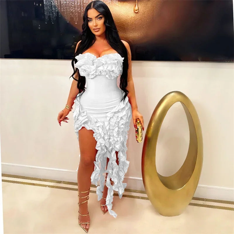 Women's Strapless Ruffle Tassel Irregular Maxi Evening Dress
