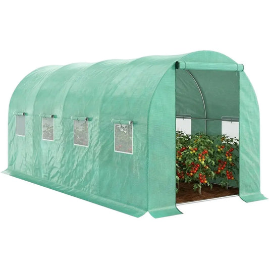 15'x7'x6.5' Walk-in Tunnel Greenhouse with PE Cover, Steel Frame, Roll-Up Door & Windows