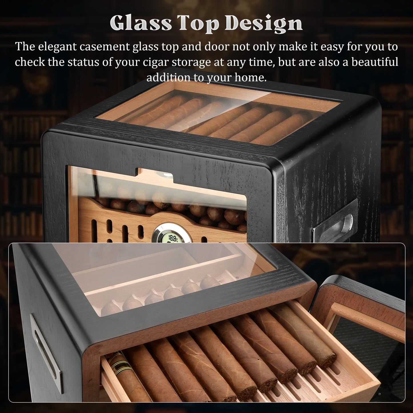 Glass-Top Tabletop Cigar Humidor Cabinet with Spanish Cedar Trays & Digital Hygrometer