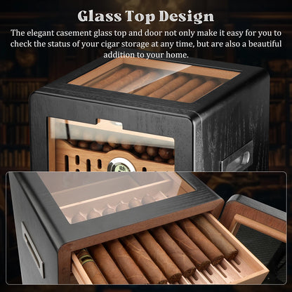 Glass-Top Tabletop Cigar Humidor Cabinet with Spanish Cedar Trays & Digital Hygrometer