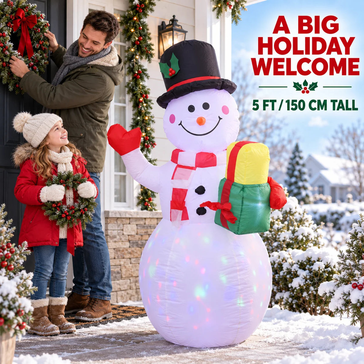 5FT Christmas Inflatable Snowman with Rotating LED Lights & Gift Box