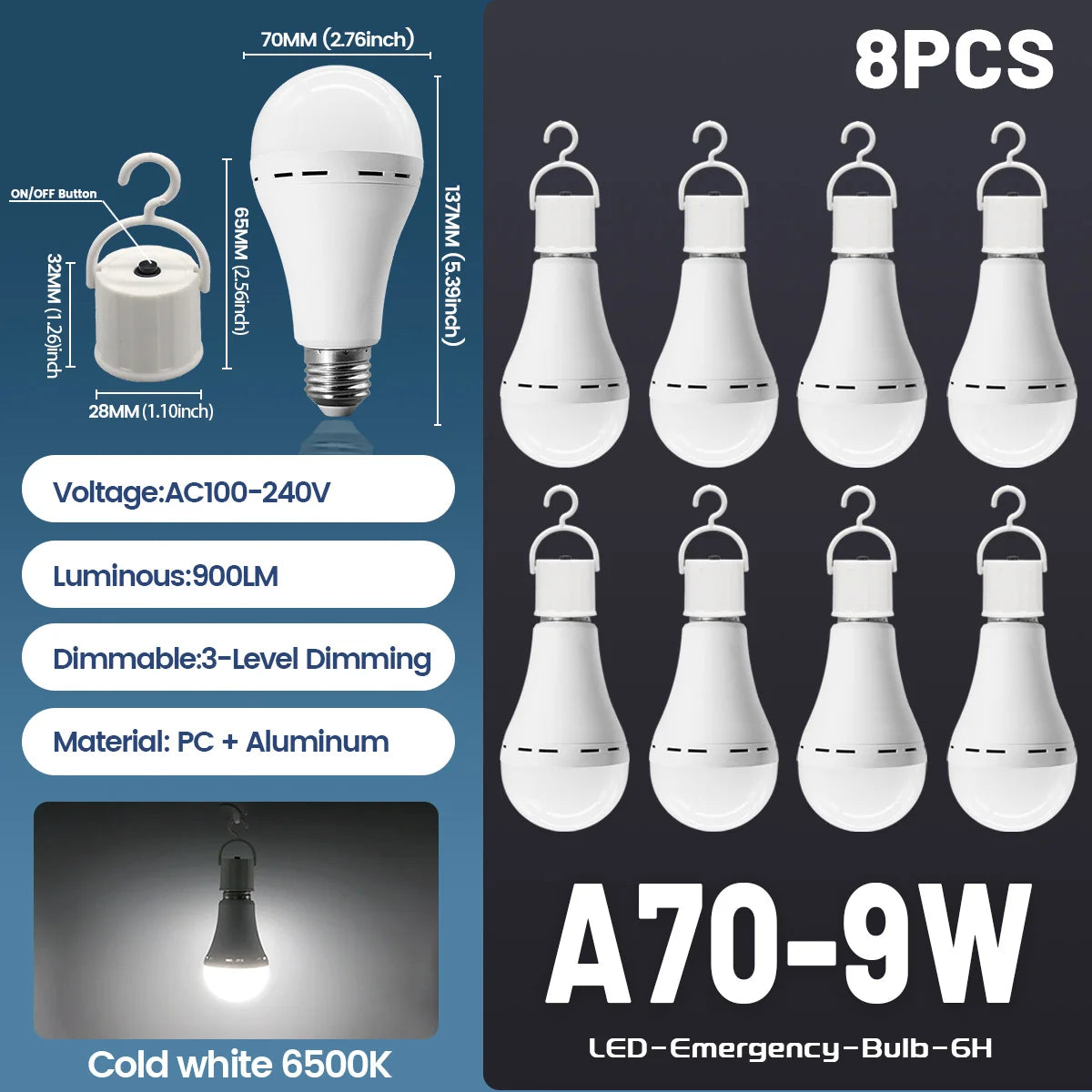 9W Rechargeable Emergency LED Light Bulb with 1500mAh Backup Battery