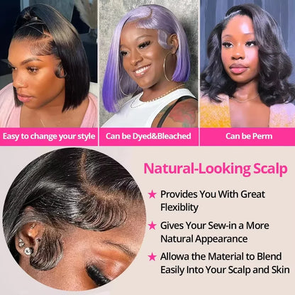 Glueless Bone Straight 13x6 Short Bob Half Lace Front Human Hair Wig
