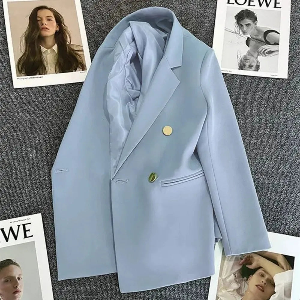 Women's Elegant Double-Breasted Blazer Jacket - Spring Autumn Slim Fit Korean Style Outerwear
