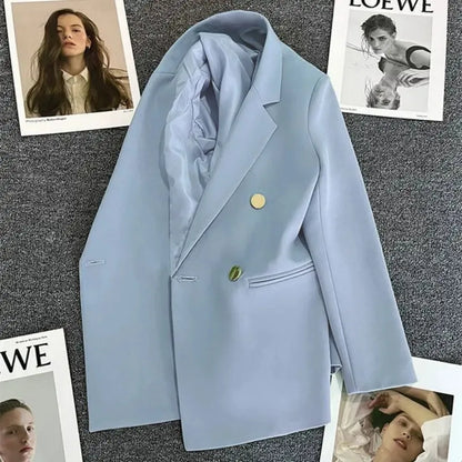 Women's Elegant Double-Breasted Blazer Jacket - Spring Autumn Slim Fit Korean Style Outerwear