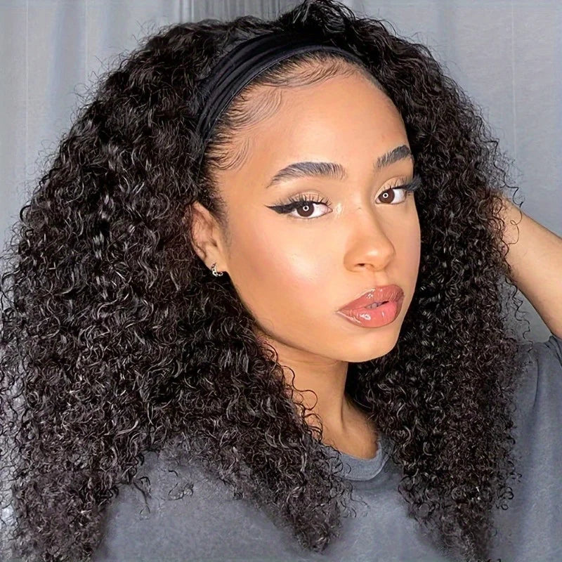 Short Headband Natural Black Curly Wig